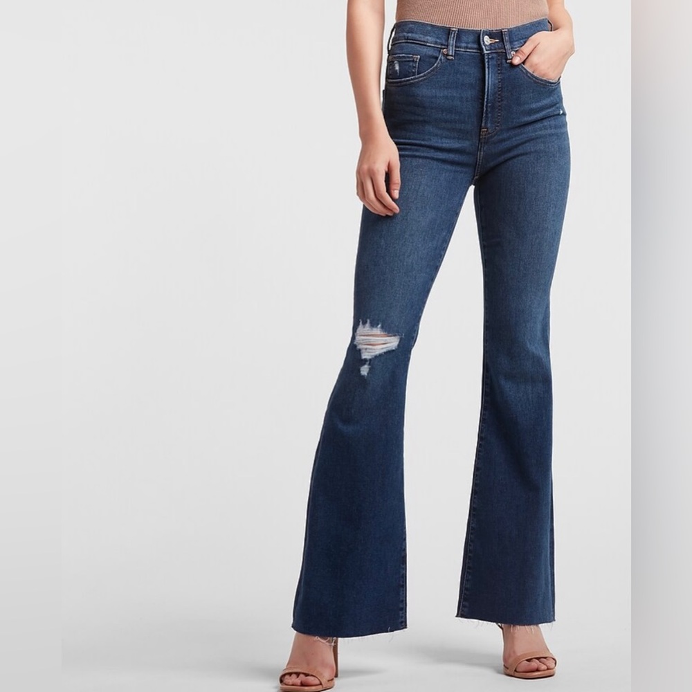 Express High Waisted Ripped Raw Hem Supersoft Flare Jeans